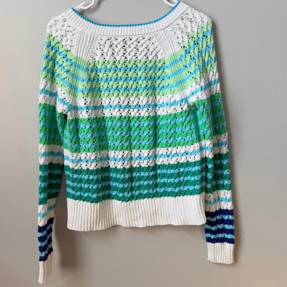 Talbots Cotton Pointelle Open Knit Striped Sweater Women's Small S Blue Green - Picture 2 of 8